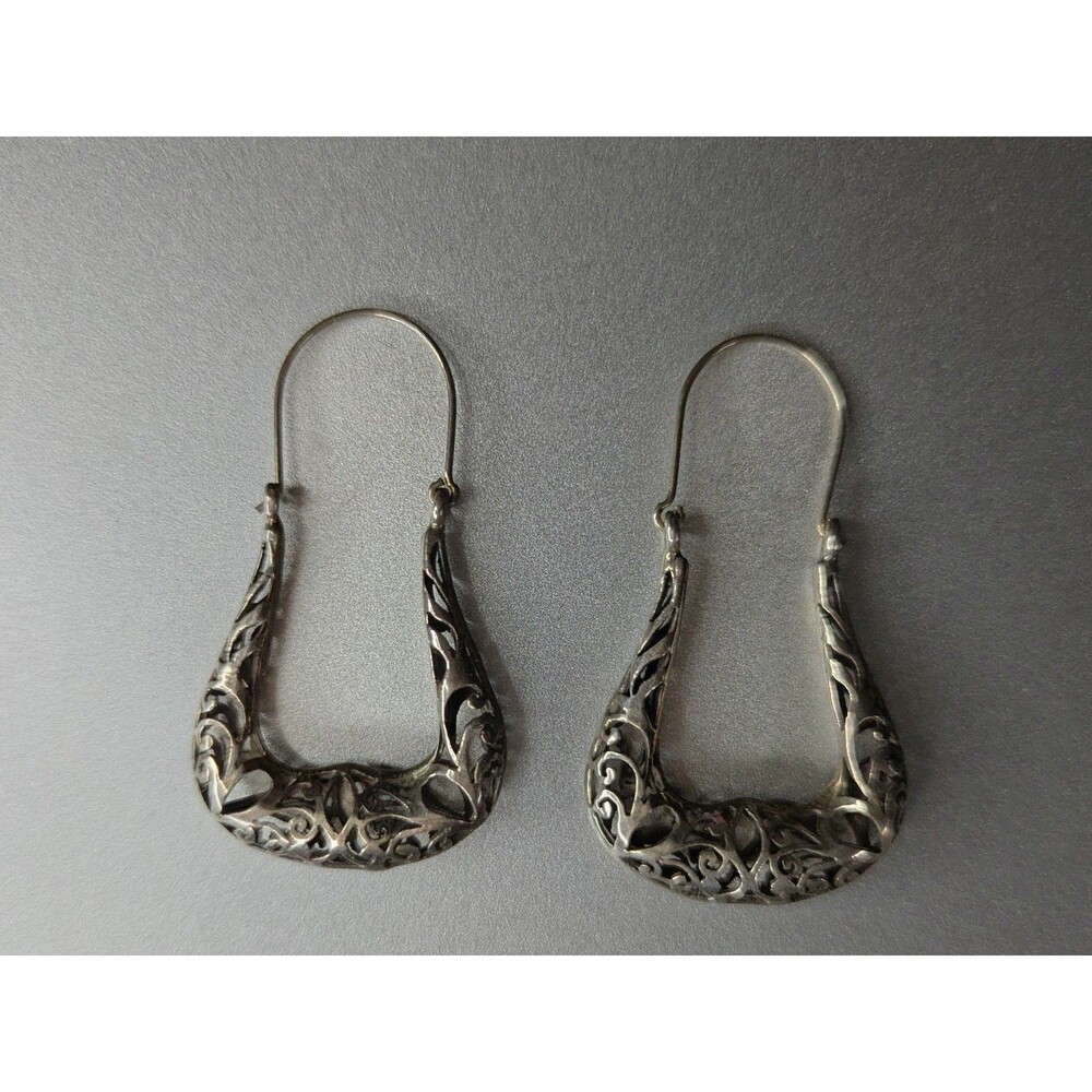 925 Silver Filagree Hoop Earrings 1.75" Latch Back Gorgeous NWOT!